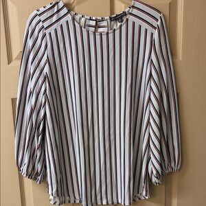 Adrianna Papell White Blouse with Black & Red Stripes